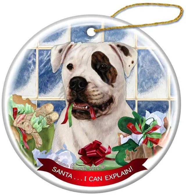 Main image of American Bulldog Brindle Eye Patch Porcelain Ornament Santa I Can Explain!