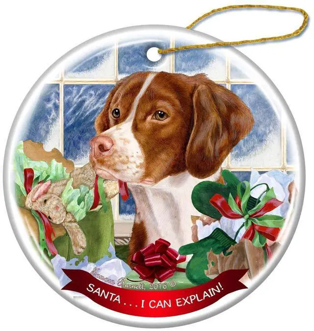 Main image of Orange and White Brittany Dog Porcelain Ornament 'Santa.. I Can Explain!'