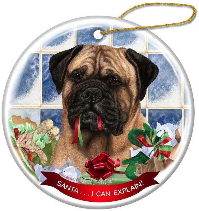Main image of Fawn Bullmastiff Porcelain Hanging Ornament Pet Gift Santa I Can Explain!