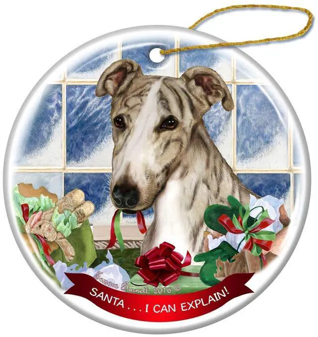 Main image of Fawn Brindle Greyhound Dog Porcelain Ornament Pet Gift Santa I Can Explain!