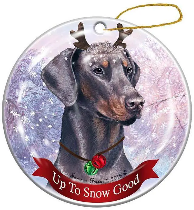 Main image of Holiday Pet Gifts Doberman Blue Uncropped Dog Porcelain Christmas Ornament
