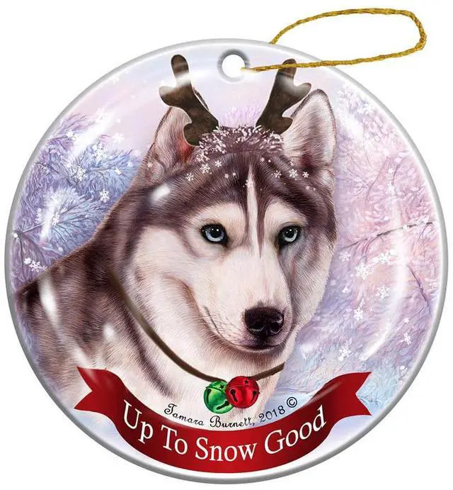 Main image of Holiday Pet Gifts Grey and White Siberian Husky Dog Porcelain Christmas Ornament