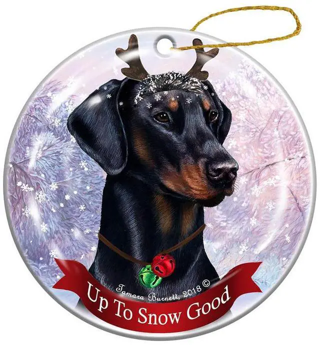 Main image of Holiday Pet Gifts Doberman Black Uncropped Dog Porcelain Christmas Ornament