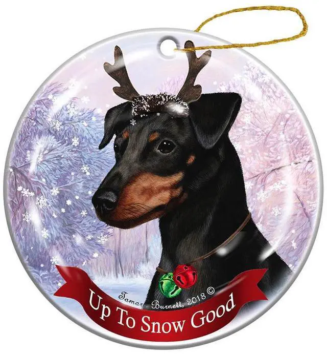 Main image of Holiday Pet Gifts Min Pin Black Cropped Dog Porcelain Christmas Ornament