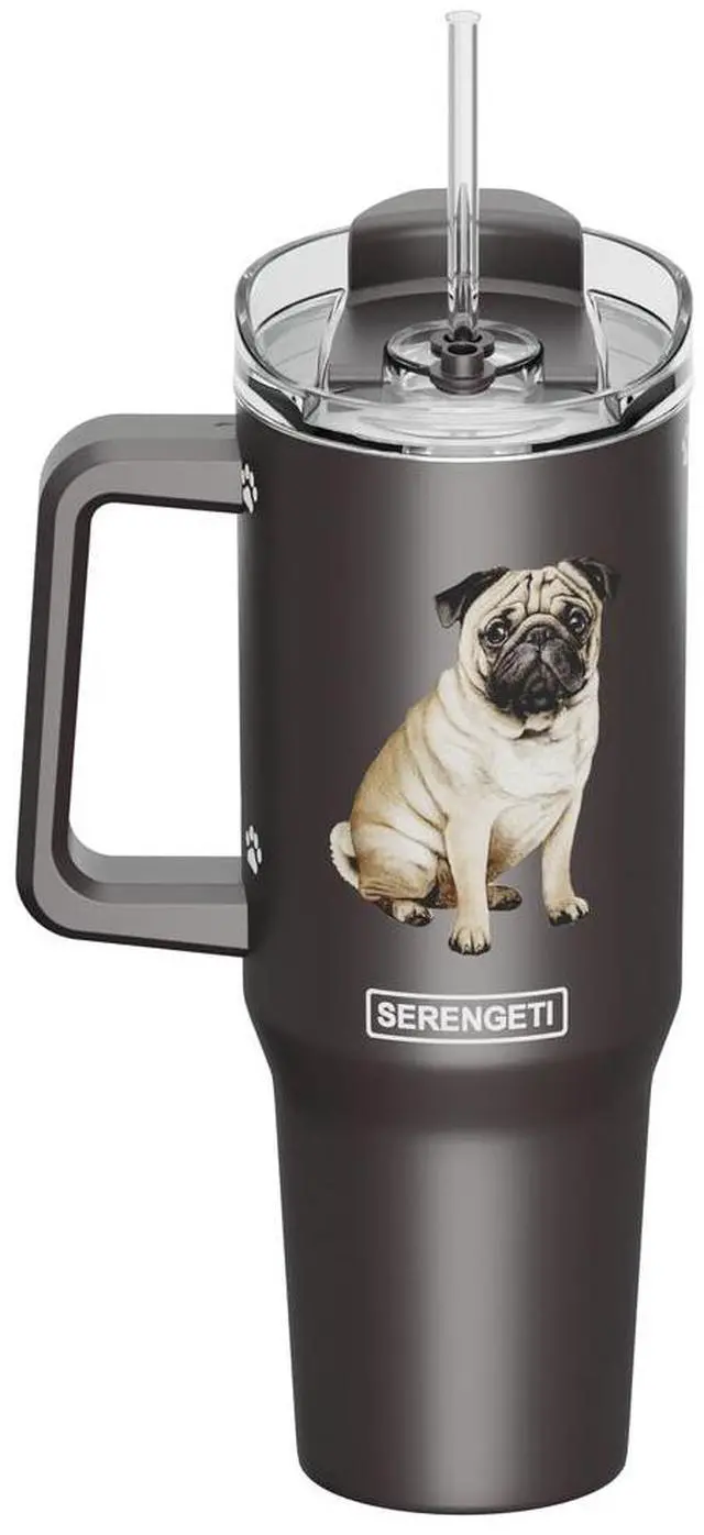 Main image of Serengeti 40 Oz Pug Dog Stainless Steel Tumbler with Handle, Straw & Lid