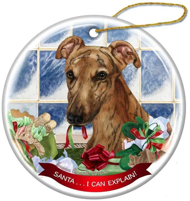 Main image of Red Brindle Greyhound Dog Porcelain Ornament Pet Gift 'Santa.. I Can Explain!'