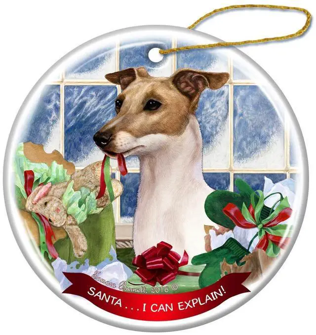 Main image of Italian Greyhound Fawn and White Dog Porcelain Ornament 'Santa.. I Can Explain!