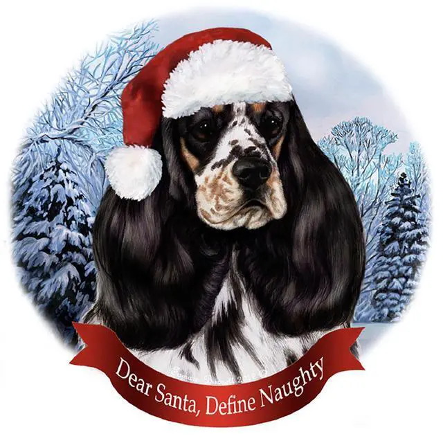 Main image of Holiday PetGifts Cocker Spaniel Parti Black Tri Dog Santa Hat Porcelain Ornament