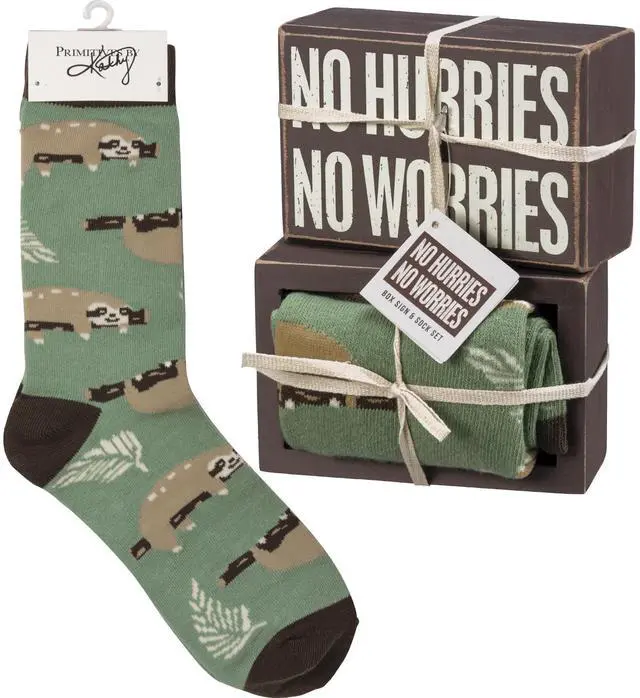 Main image of Primitives by Kathy Box Sign & Pair of Socks Set - Sloth No Hurries No Worries
