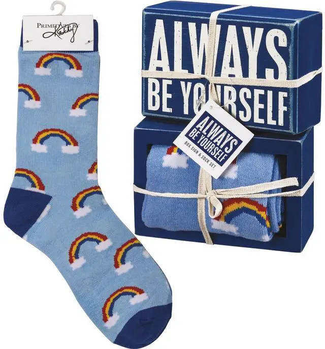 Main image of Primitives by Kathy Box Sign & Pair of Socks Set - Rainbow Always Be Yourself