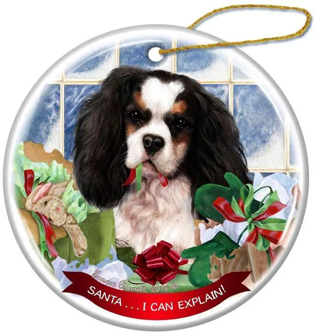 Main image of Cavalier King Charles Tricolor Dog Porcelain Ornament Santa I Can Explain!