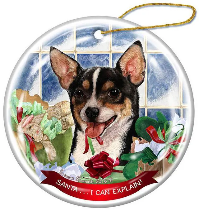 Main image of Chihuahua Short Haired Tricolor Porcelain Ornament 'Santa.. I Can Explain!