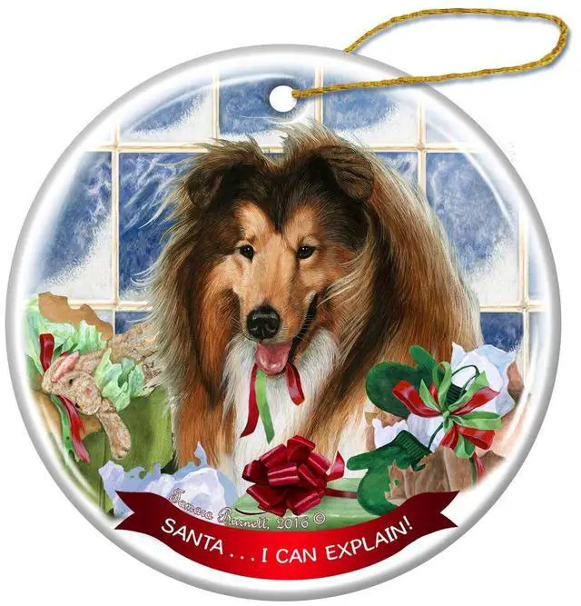 Main image of Sable and White Collie Dog Porcelain Ornament Gift 'Santa.. I Can Explain!'