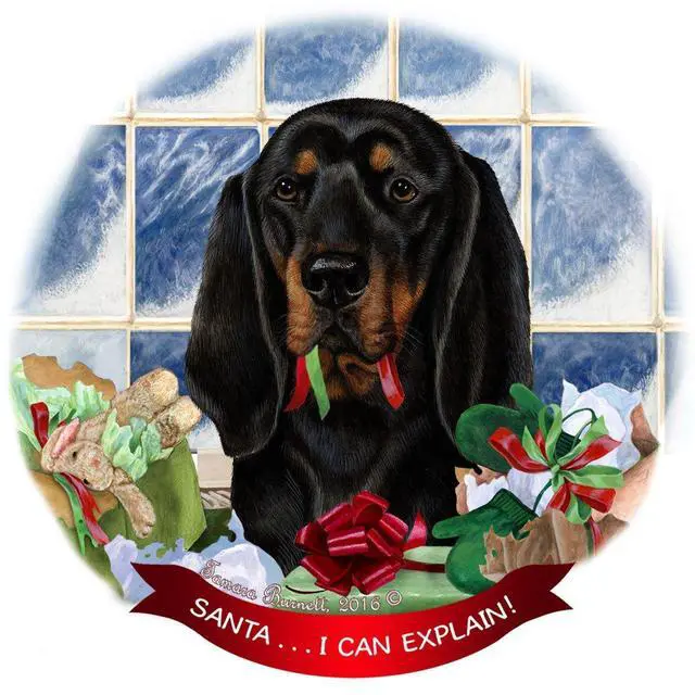 Main image of Black/Tan Coonhound Dog Porcelain Ornament Pet Gift 'Santa I Can Explain!'