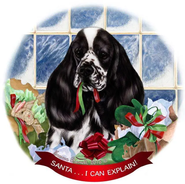 Main image of Black/White Parti Cocker Spaniel Porcelain Ornament 'Santa.. I Can Explain!