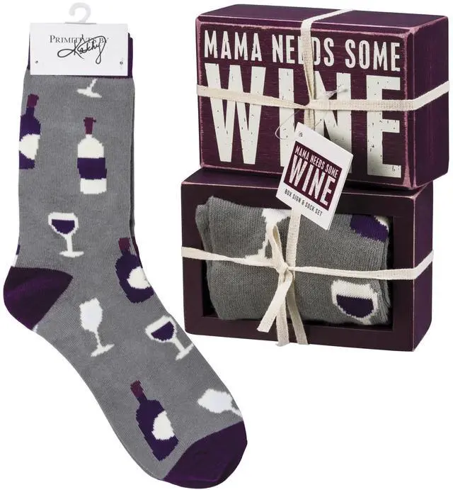 Main image of Primitives by Kathy Box Sign & Pair of Socks Set - Mama Needs Some Wine
