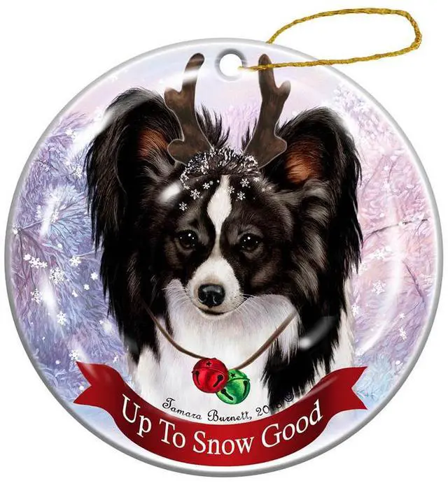 Main image of Holiday Pet Gifts Black and White Papillon Dog Porcelain Christmas Ornament
