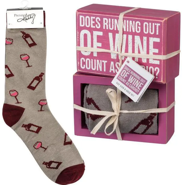Main image of Primitives by Kathy Box Sign/Sock Set - Does Running Out Of Wine Count As Cardio