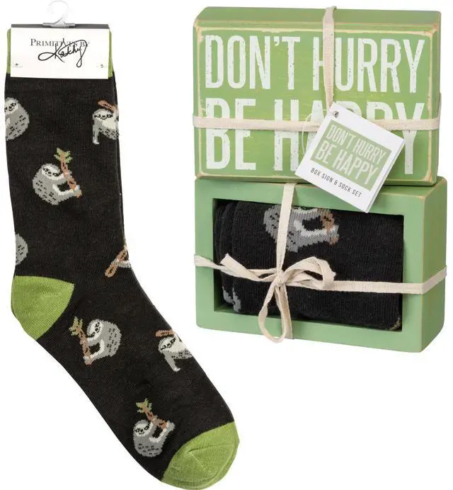 Main image of Primitives by Kathy Box Sign/Sock Set - Don't Hurry Be Happy Sloth