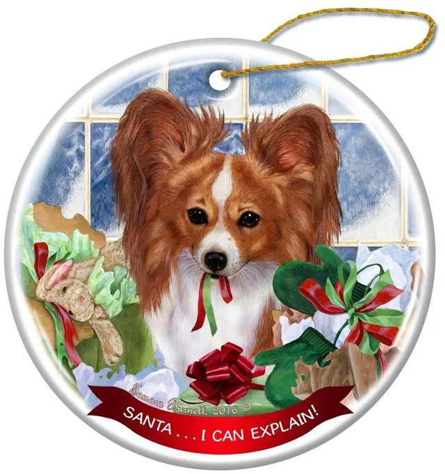 Main image of Red and White Papillion Dog Porcelain Ornament Pet Gift 'Santa.. I Can Explain!'