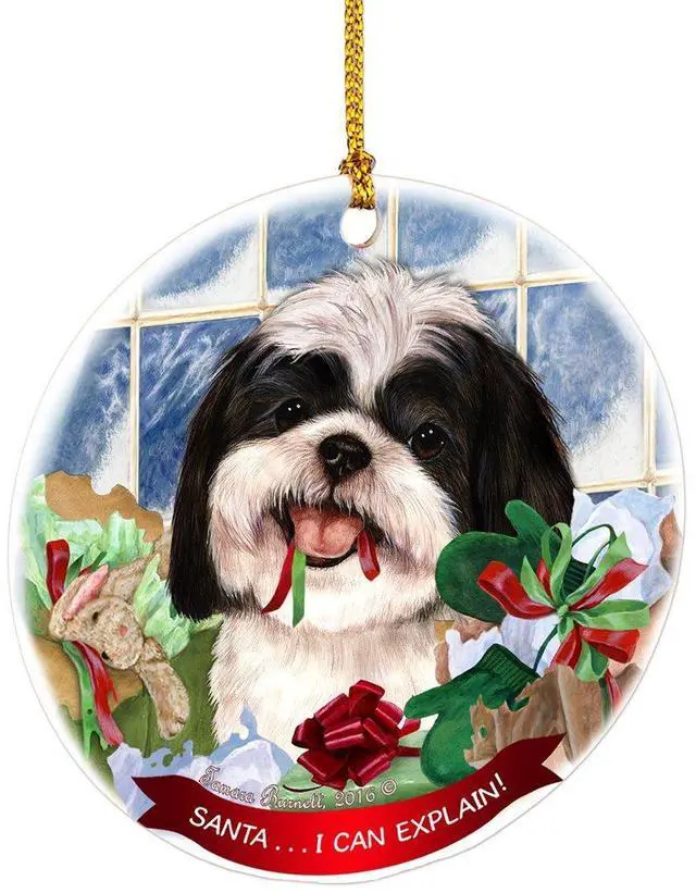Main image of Shih Tzu Black White Santa I Can Explain Round White Porcelain Hanging Ornament