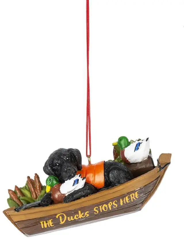 Main image of Ganz Black Lab with Boat Ornament - The Ducks Stop Here, 4", Polyresin