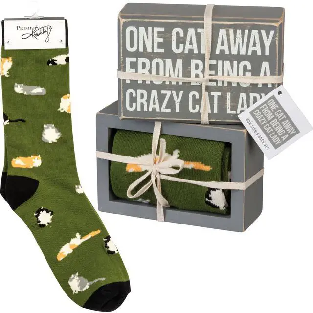 Main image of Primitives by Kathy Box Sign/Sock Set - One Cat Away from Crazy Cat Lady