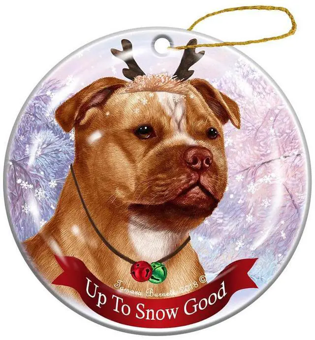 Main image of Staffie Bull Terrier Orange/White Dog Reindeer Porcelain Christmas Ornament