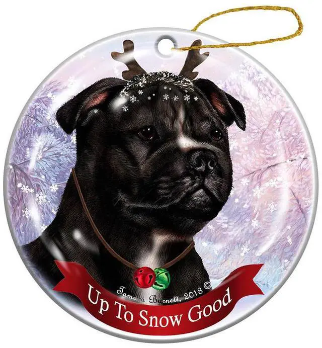 Main image of Black & White Staffordshire Bull Terrier Reindeer Porcelain Christmas Ornament