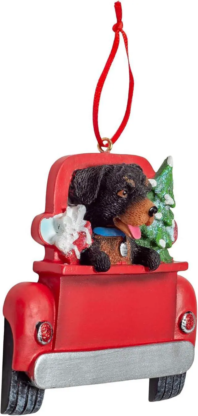 Alt view image 2 of 2 - Kurt Adler Rottweiler in Back of Truck Hanging Ornament 5 in. High,