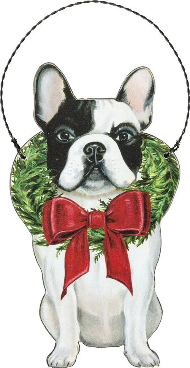 Main image of Primitives By Kathy Frenchie French Bulldog Wooden with Wreath Wooden Christmas Ornament