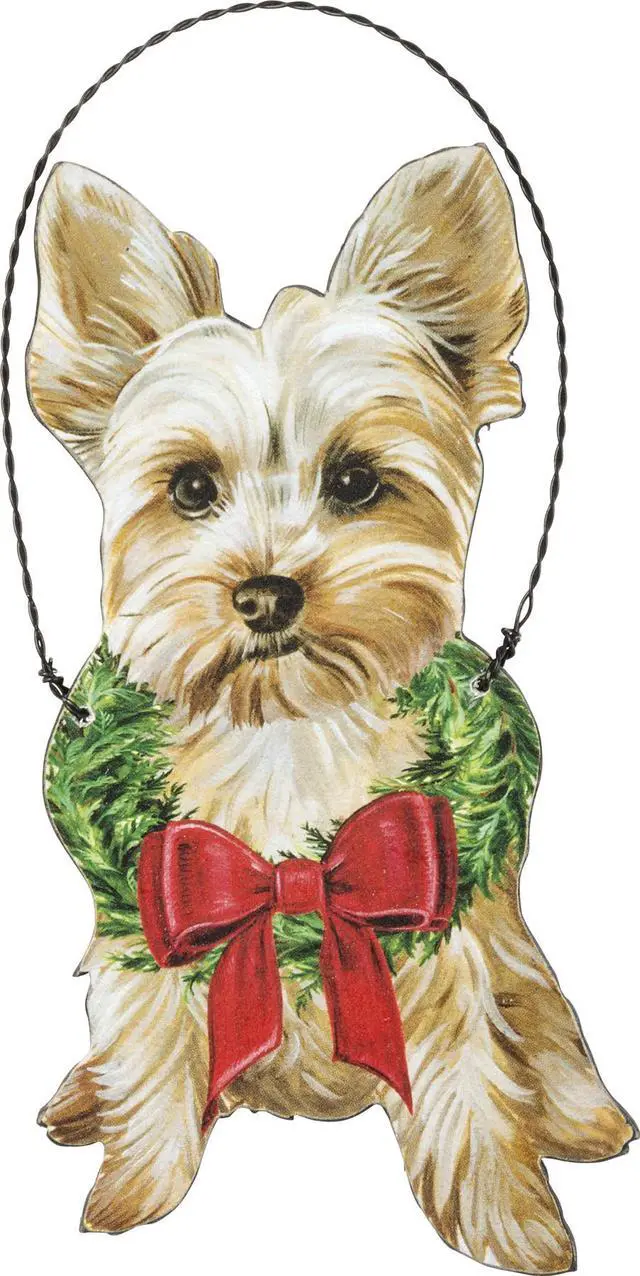 Main image of Primitives By Kathy Yorkie Yorkshire Terrier Wreath Wooden Christmas Ornament