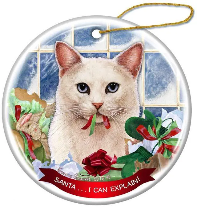 Main image of White Shorthaired Blue Eye Cat Porcelain Ornament 'Santa.. I Can Explain!