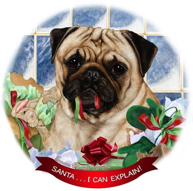Main image of Fawn Pug Dog Porcelain Hanging Ornament Pet Gift 'Santa.. I Can Explain!'