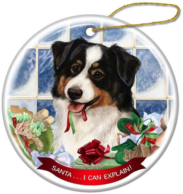 Main image of Australian Shepherd Black Tri Dog Porcelain Ornament Santa I Can Explain!