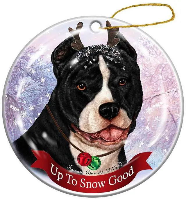 Main image of Holiday Pet Gifts Black and White Pit Bull Cropped Dog Porcelain Christmas Ornament