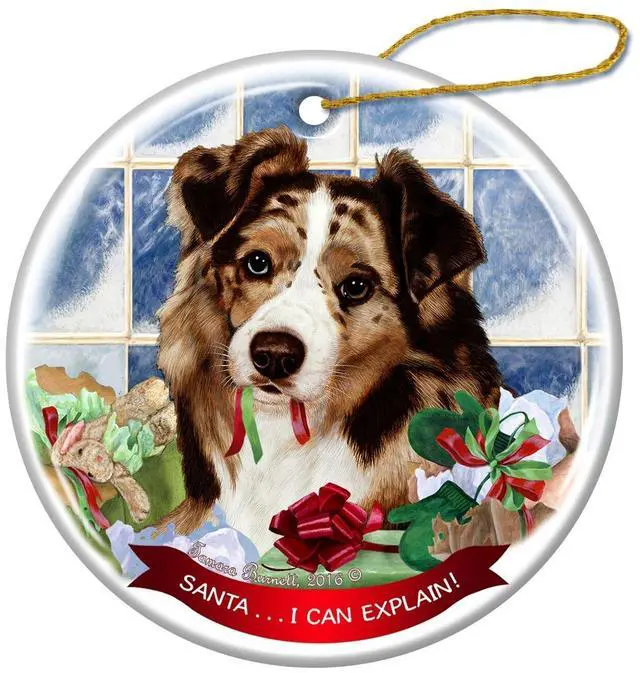 Main image of Australian Shepherd Red Merle Dog Porcelain Ornament Santa I Can Explain!