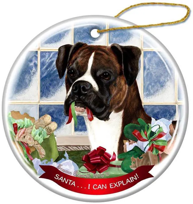Main image of Brindle Boxer Uncropped Ears Dog Porcelain Ornament Santa I Can Explain!