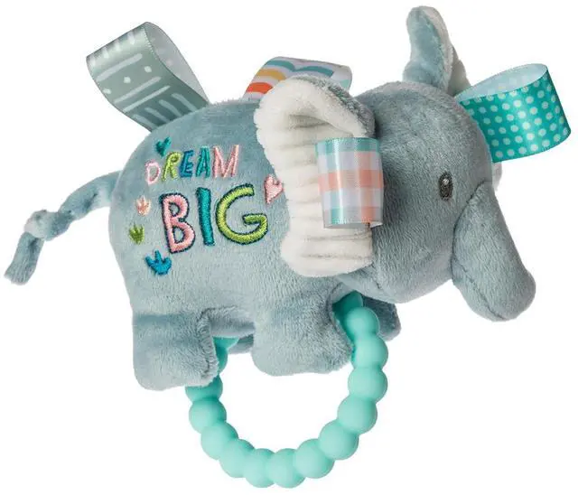 Main image of Taggies Soft Baby Rattle Teether Ring and Sensory Tags, 6", Dream Big Elephant