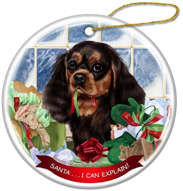 Main image of Cavalier King Charles Black/Tan Porcelain Ornament Santa. I Can Explain!