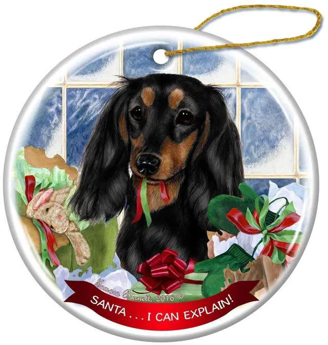 Main image of Longhaired Black/Tan Dachshund Porcelain Ornament 'Santa.. I Can Explain!
