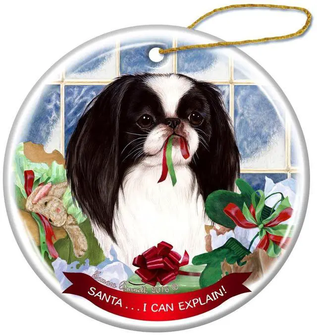 Main image of Black and White Japanese Chin Dog Porcelain Ornament 'Santa.. I Can Explain!