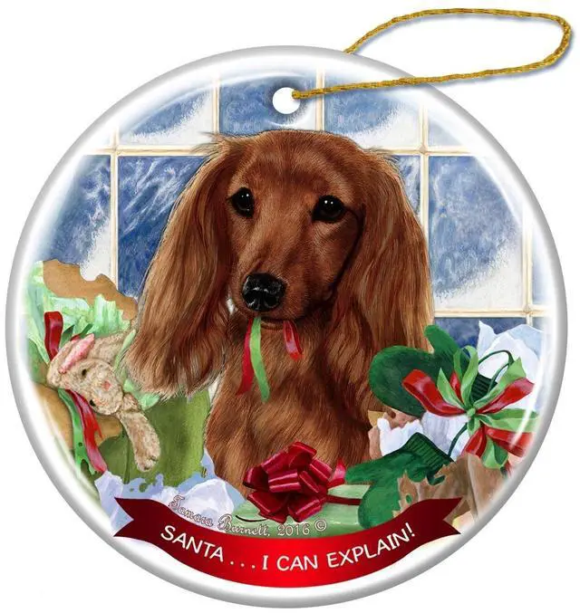 Main image of Long Haired Red Dachshund Dog Porcelain Ornament 'Santa.. I Can Explain!'