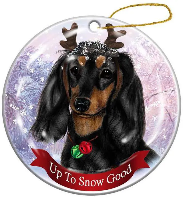 Main image of Holiday Pet Gifts Longhaired Black/Tan Dachshund Dog Porcelain Christmas Ornament