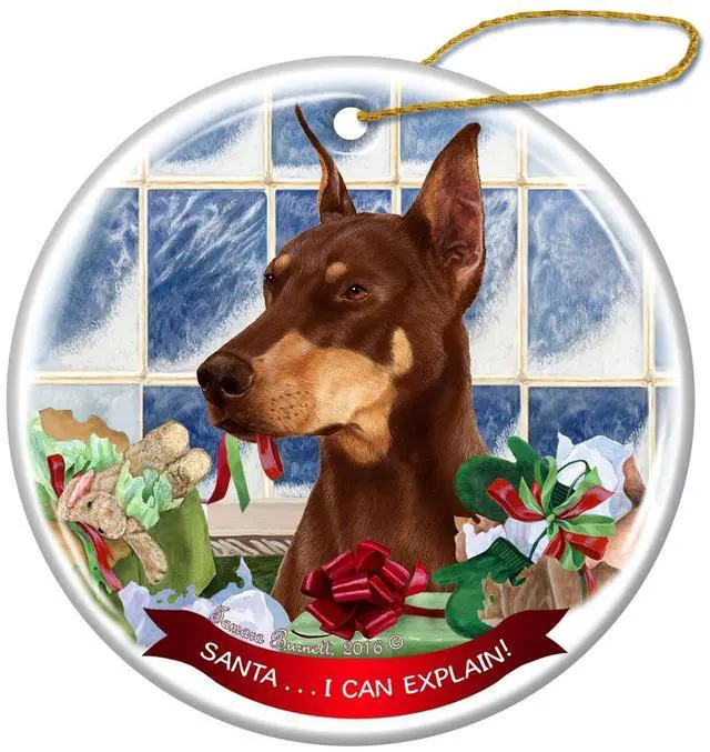 Main image of Red Doberman Cropped Ears Dog Porcelain Ornament 'Santa.. I Can Explain!'