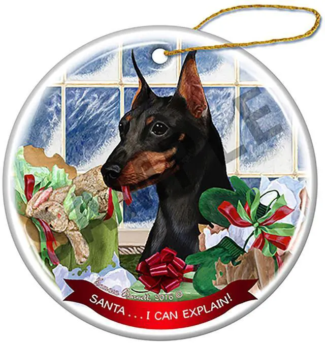 Main image of Black and Tan Mini Pinscher Cropped Porcelain Ornament 'Santa.. I Can Explain!'