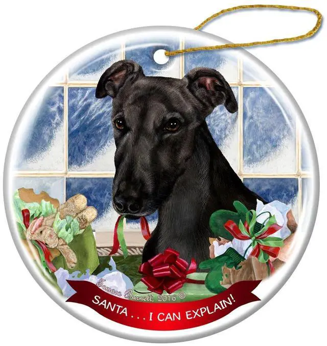 Main image of Black Greyhound Porcelain Hanging Ornament Pet Gift Santa I Can Explain!