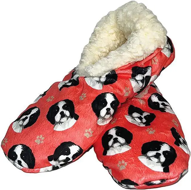 Main image of Comfies Womens Black White Shih Tzu Slippers - Sherpa Lined Animal Print Booties