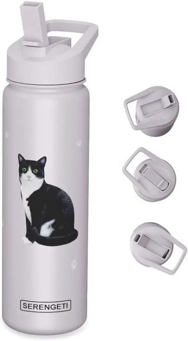 Main image of E&S Pets Stainless Steel Water Bottle 24 Oz., Spill Proof (Black & White Cat)