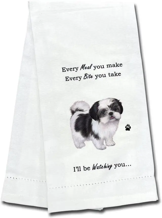 Main image of E&S Pets 711-87b Black and White Shih Tzu Puppy Cut Dog Kitchen Towel, Off-white